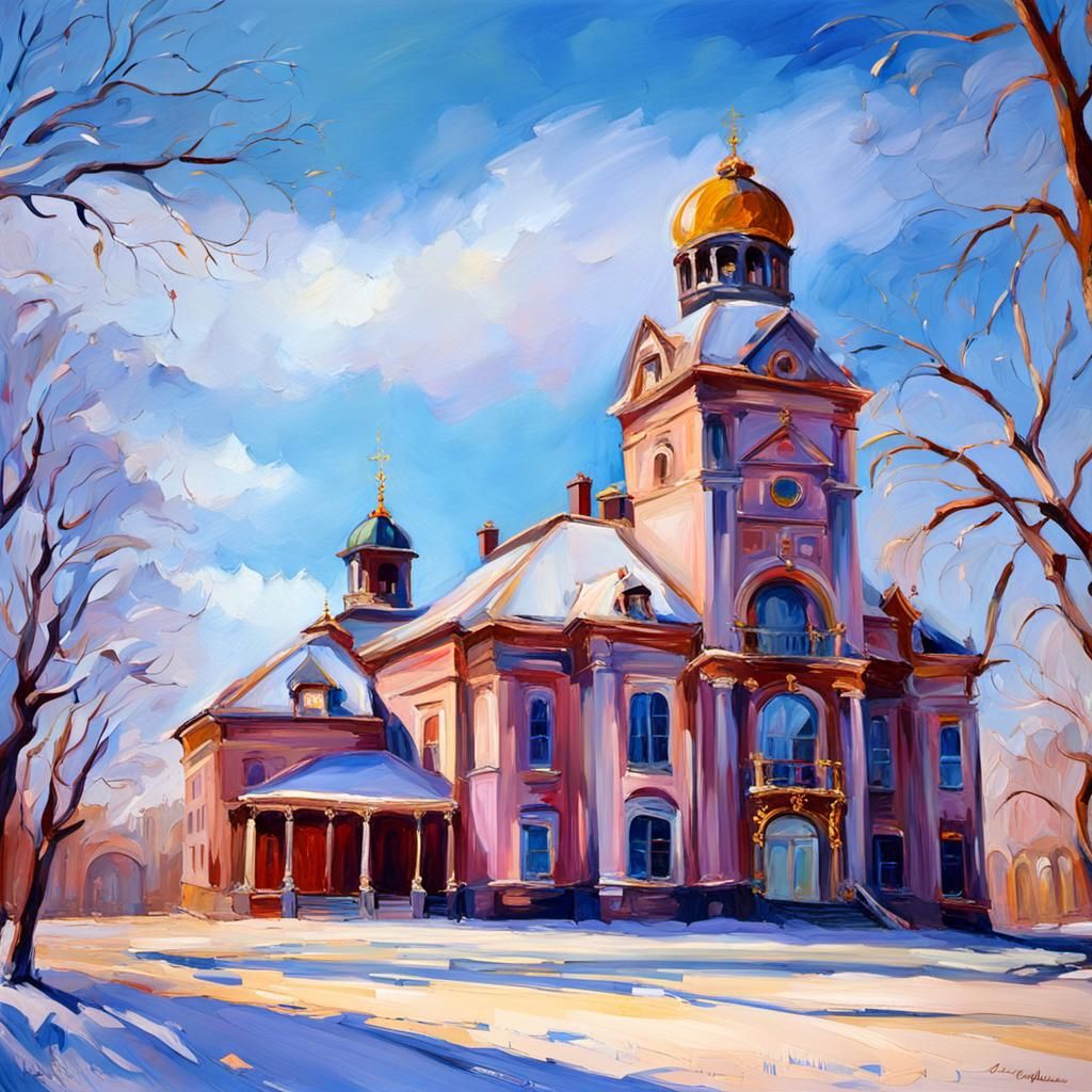 Impressionist Museum Interior with Sweeping Staircase