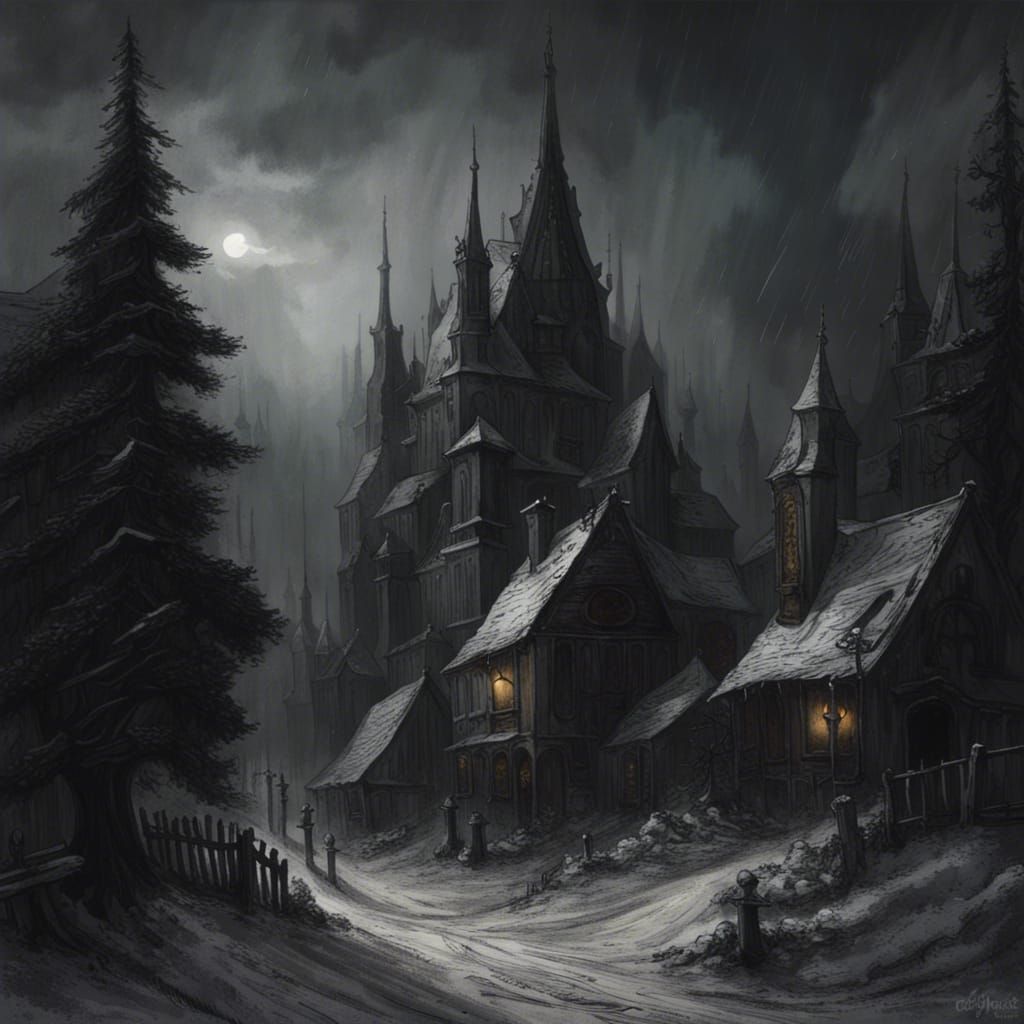 Gloomy Gothic Town in Dark Pine Forest