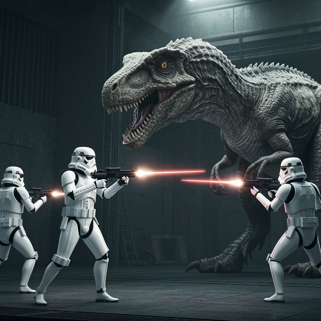 Stormtroopers Battle Dinosaur in Gritty Industrial Style
