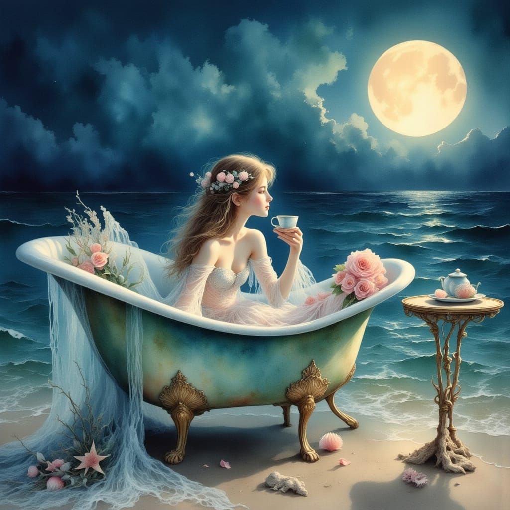 Elegant Mermaid Relaxing in Bathtub on Sandy Seashore