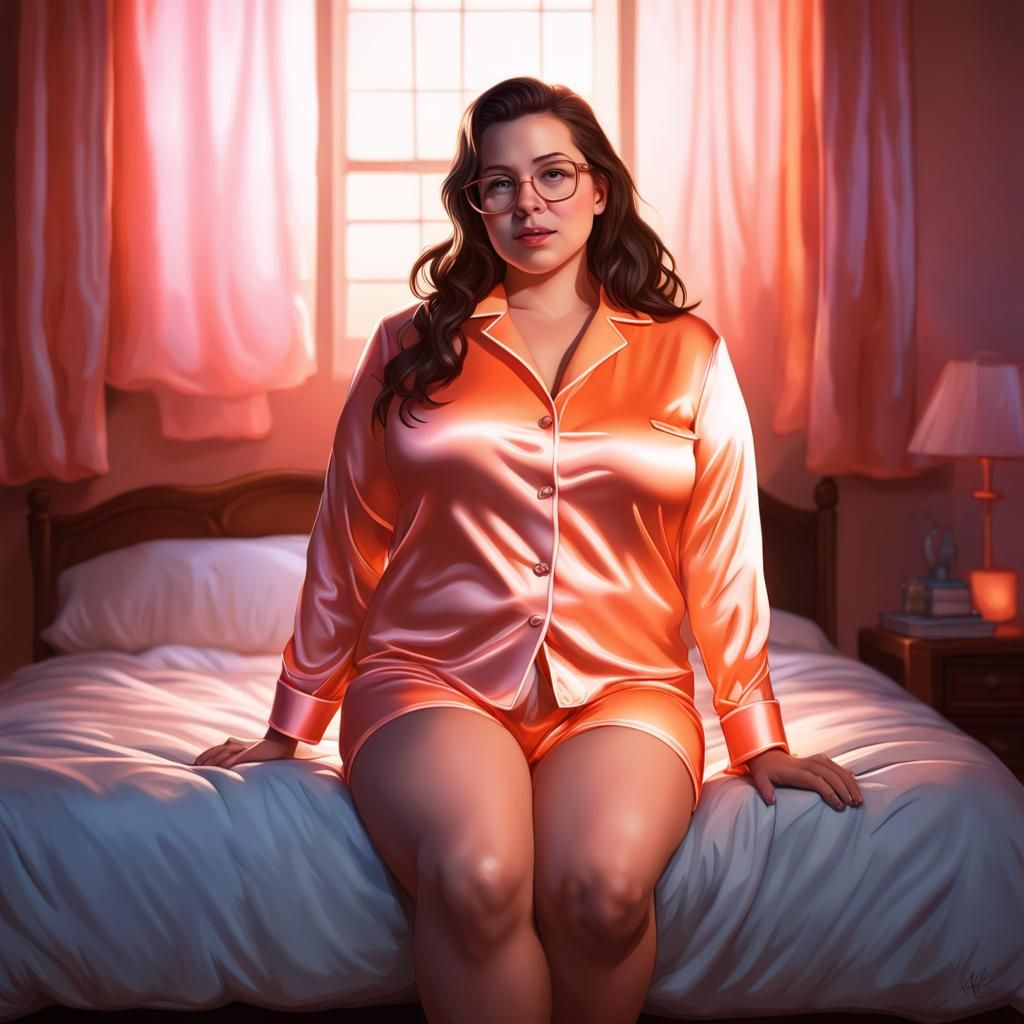 Brunette in Peach Pajamas with Neon Lighting