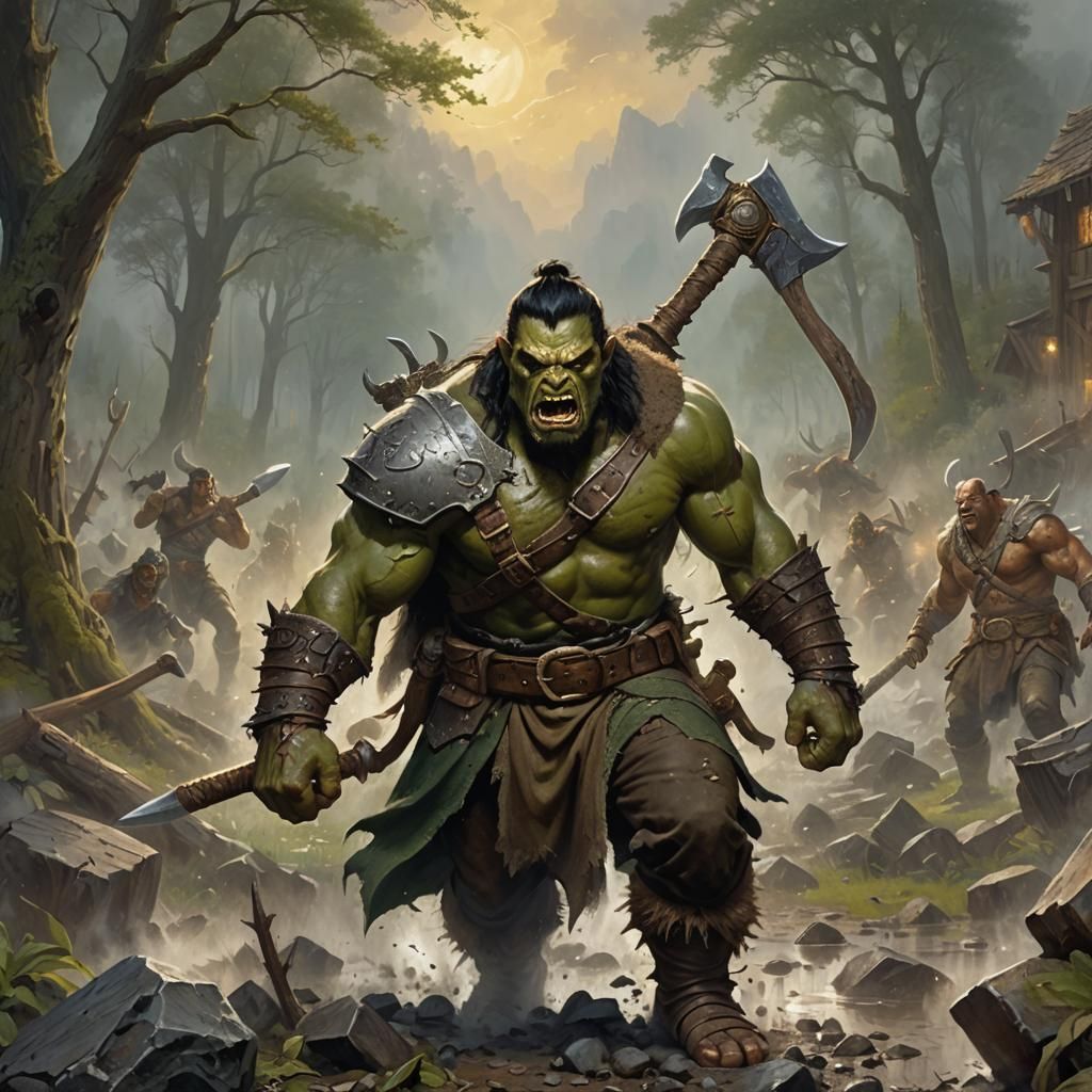 Roaring Half-Orc Barbarian with Greataxe