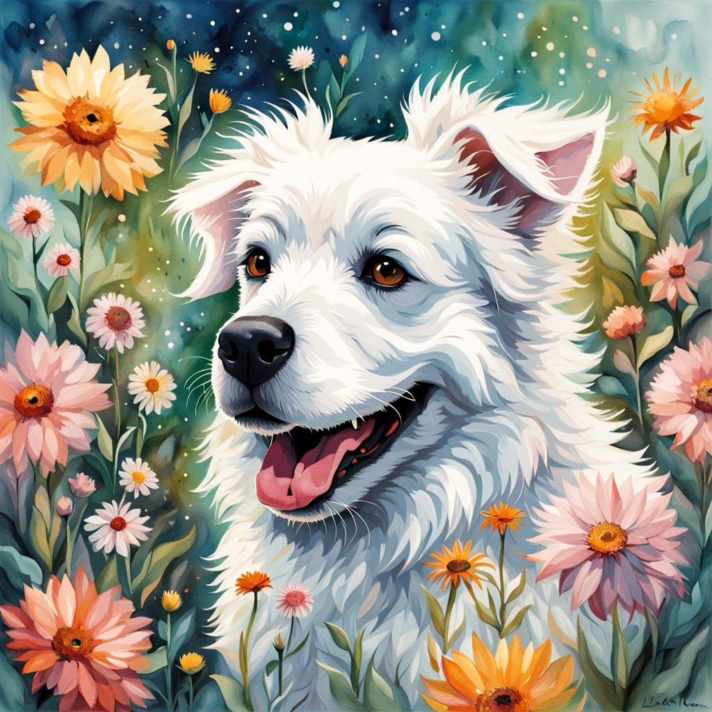 Whimsical Puppy in Vibrant Floral Wonderland