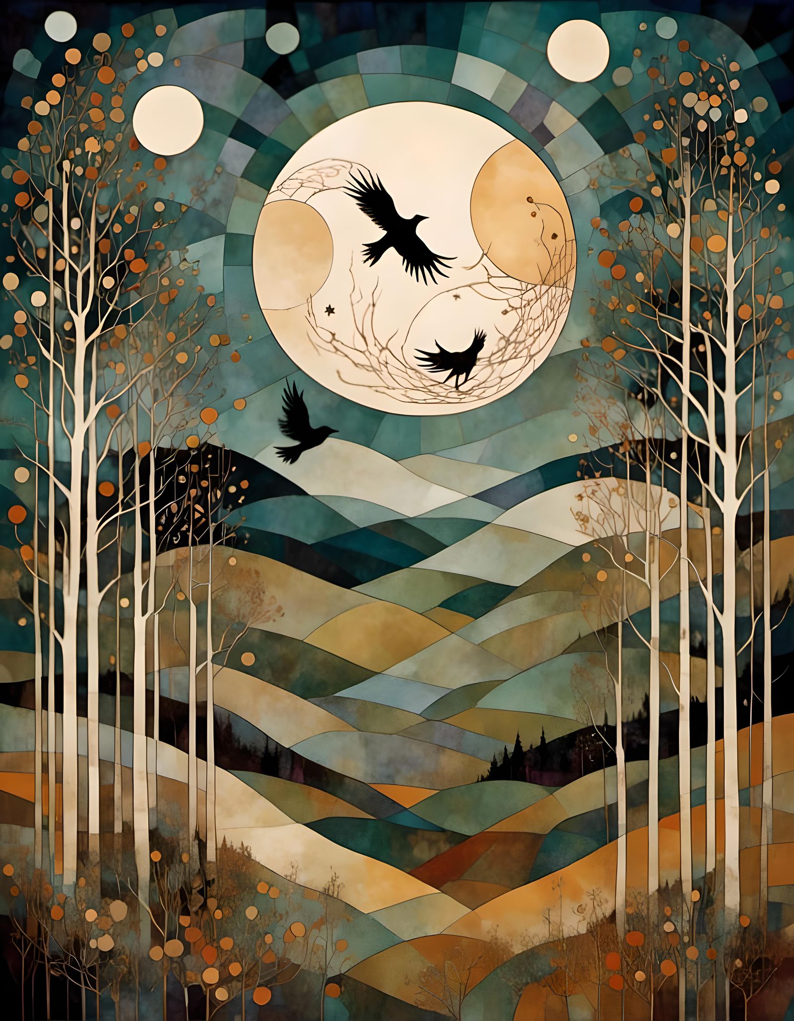 Triple Goddess Under Pentagram Moon