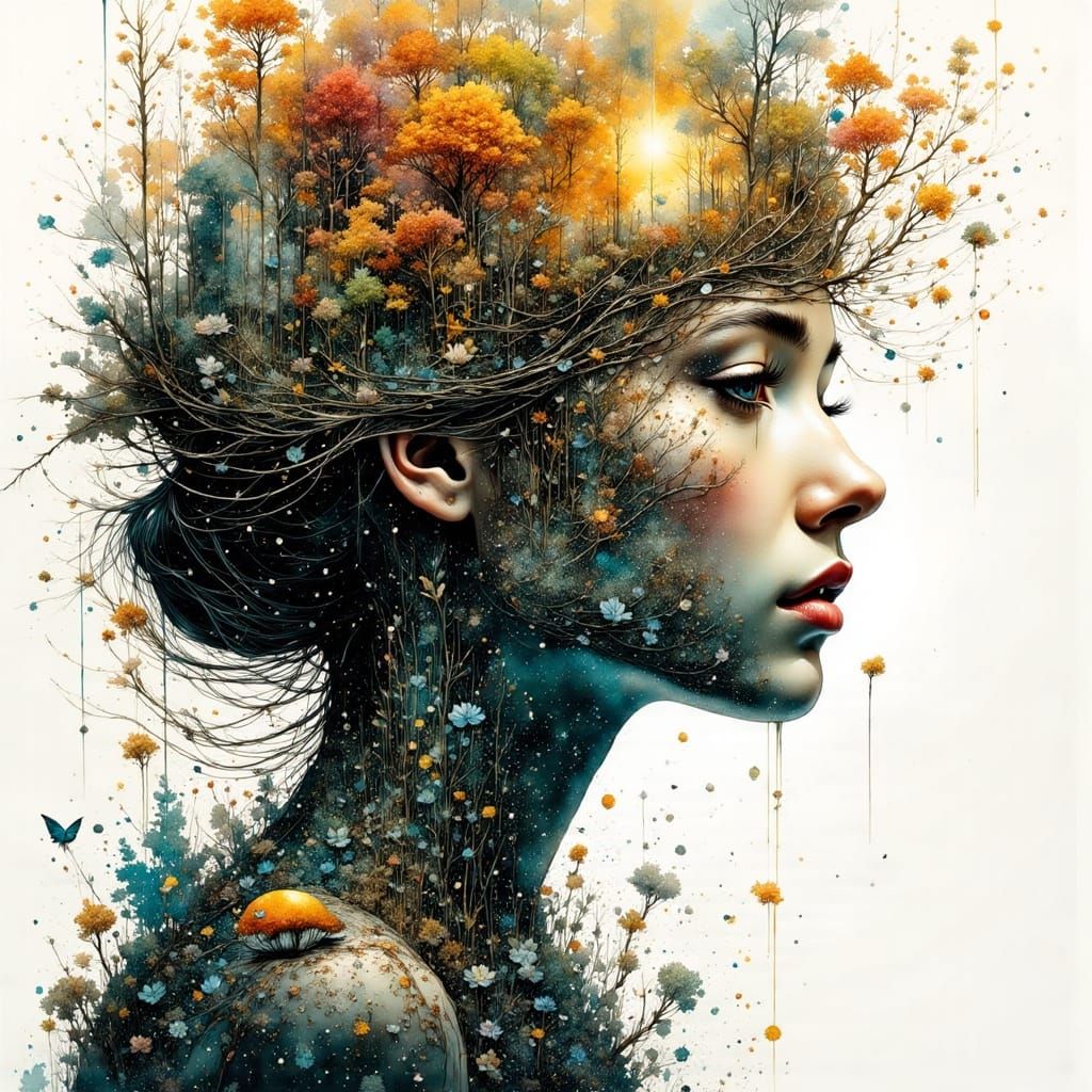 Woman's Face Merges With Nature in Double Exposure