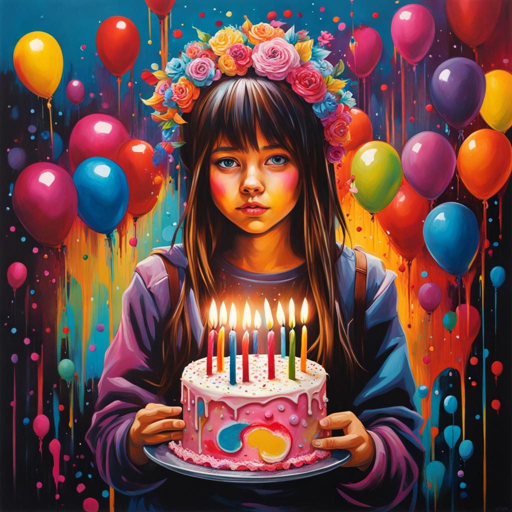 Girl with Birthday Cake in Graffiti Splash Art Style