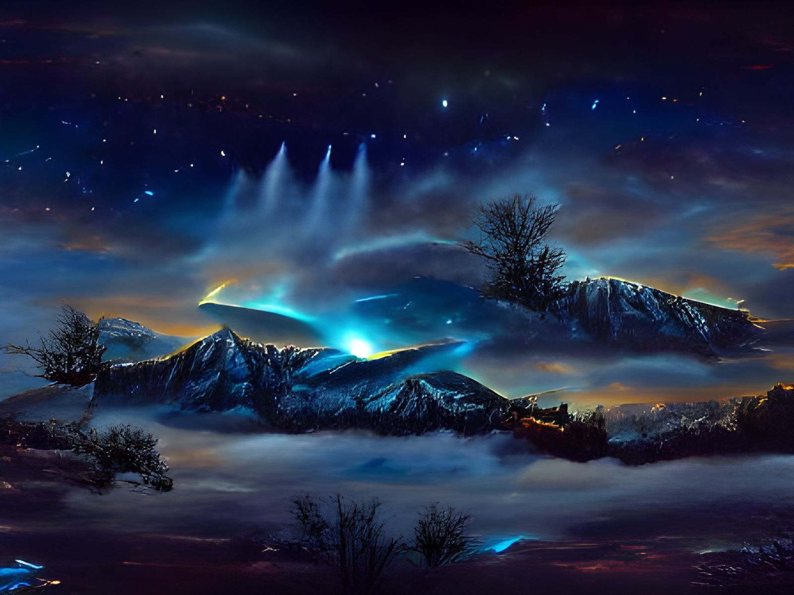 Snowy Mountains at Night with Shooting Stars