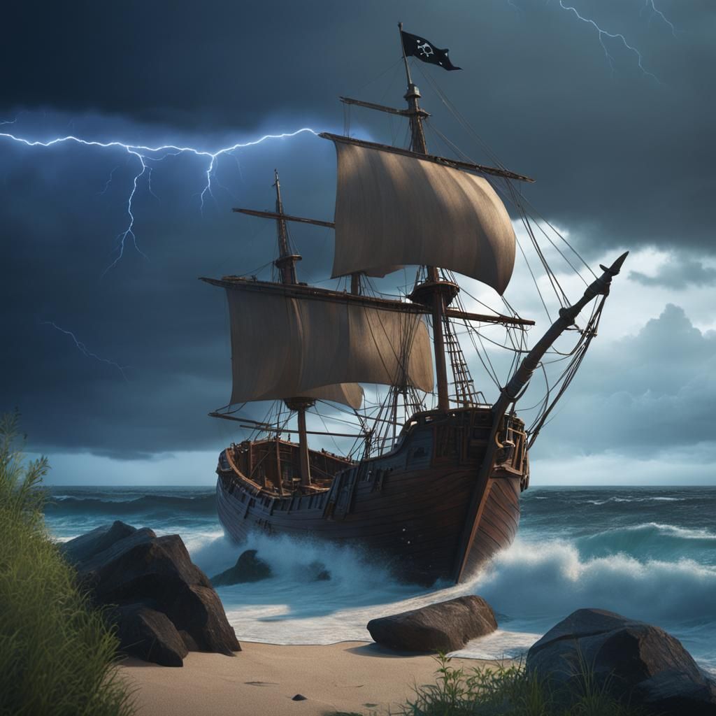 Ghibli Style Pirate Ship Approaching Stormy Beach