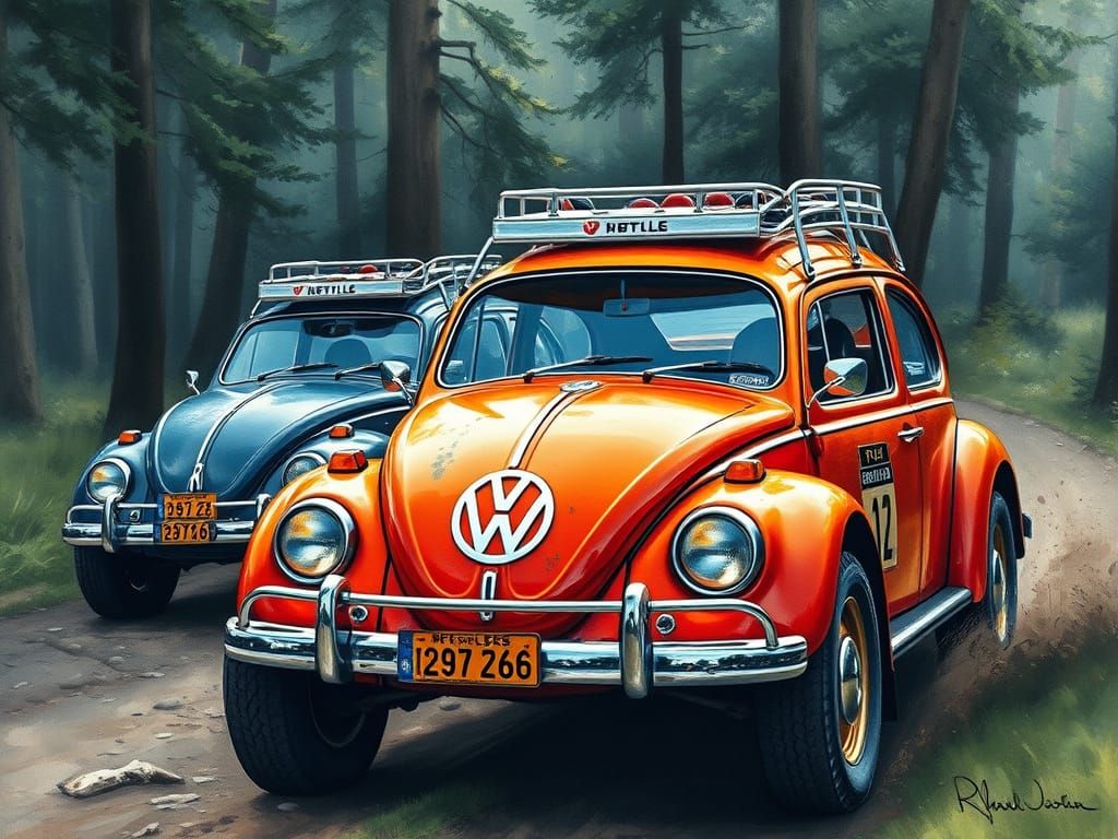 VW Beetles Off-Road Racing: Watercolor Portrait