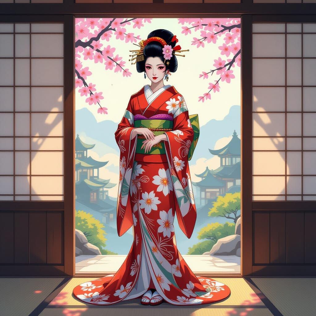 Geisha in Silk Kimono: Anime Art Nouveau Portrait