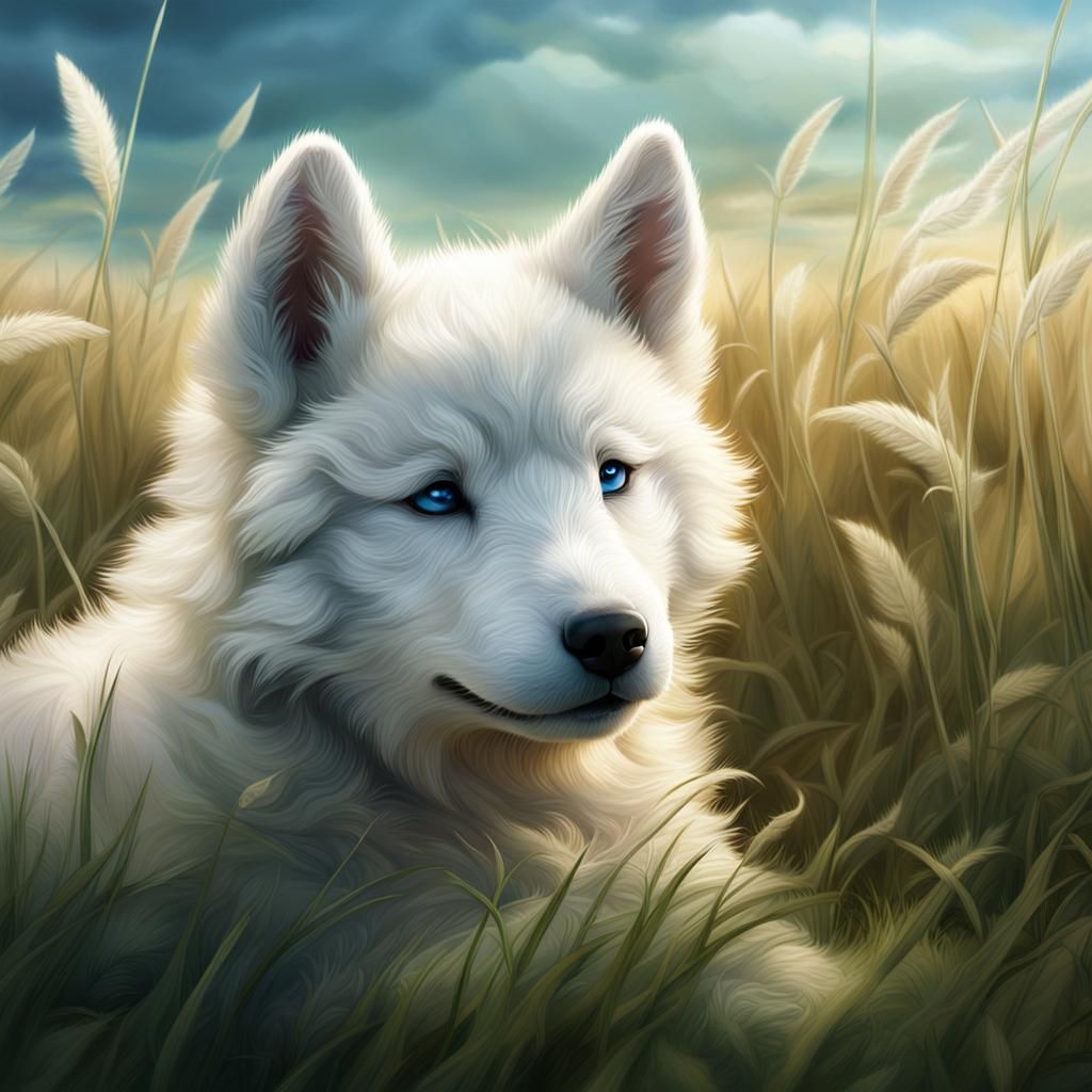 White Wolf Pup in Field: Digital Matte Painting