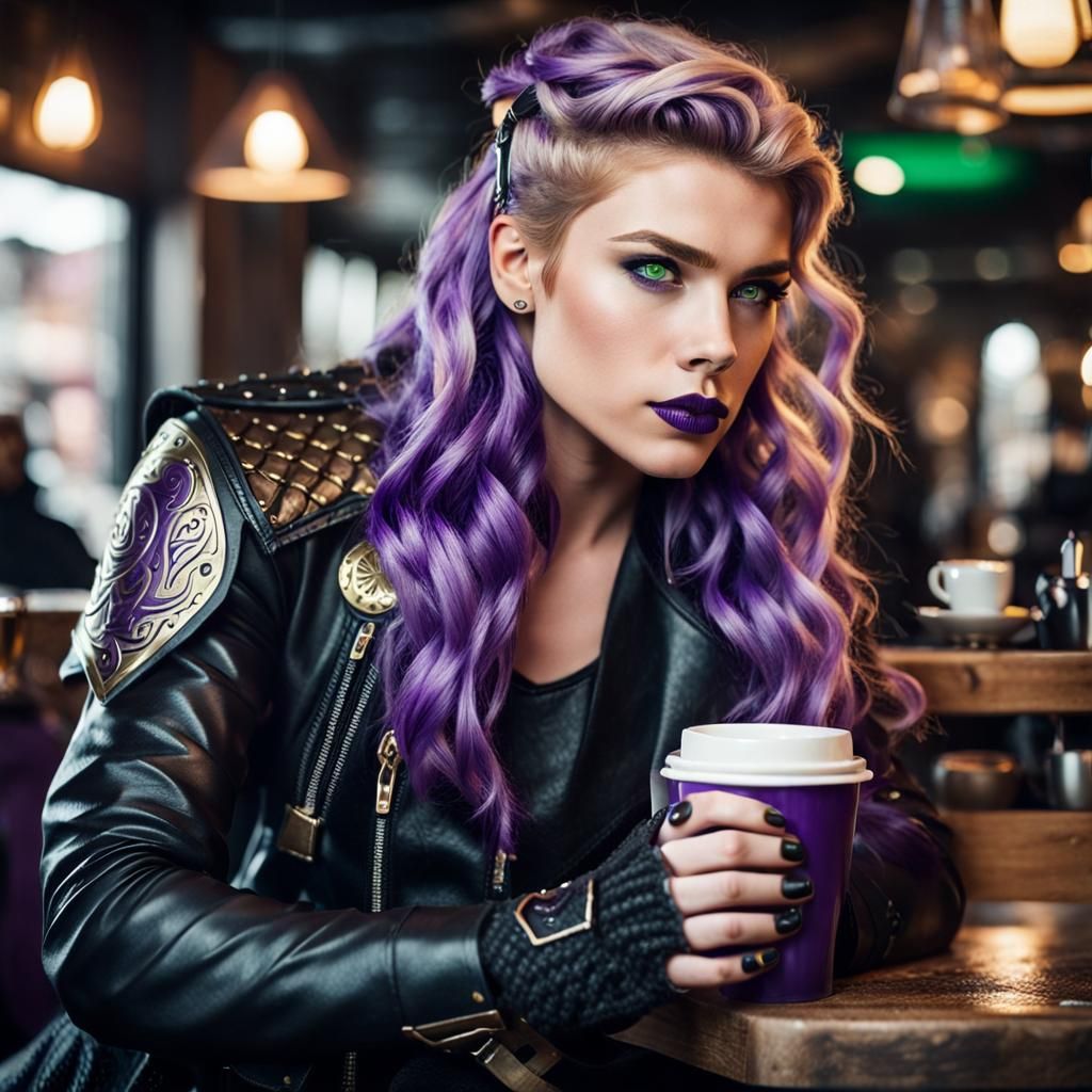 Valkyrie with Viking Features Drinking Coffee