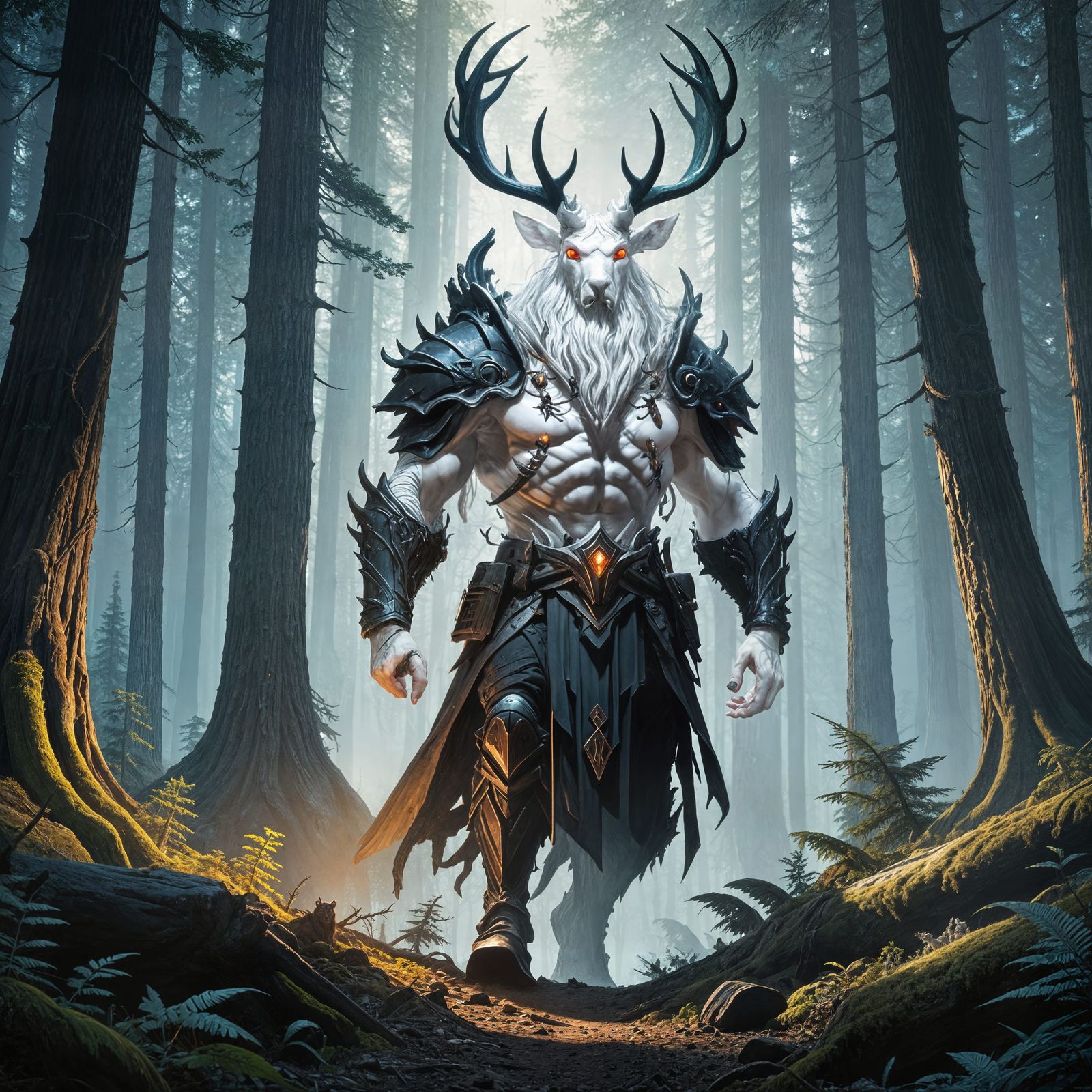 Antlered Giant Guides Travelers in Dark Forest