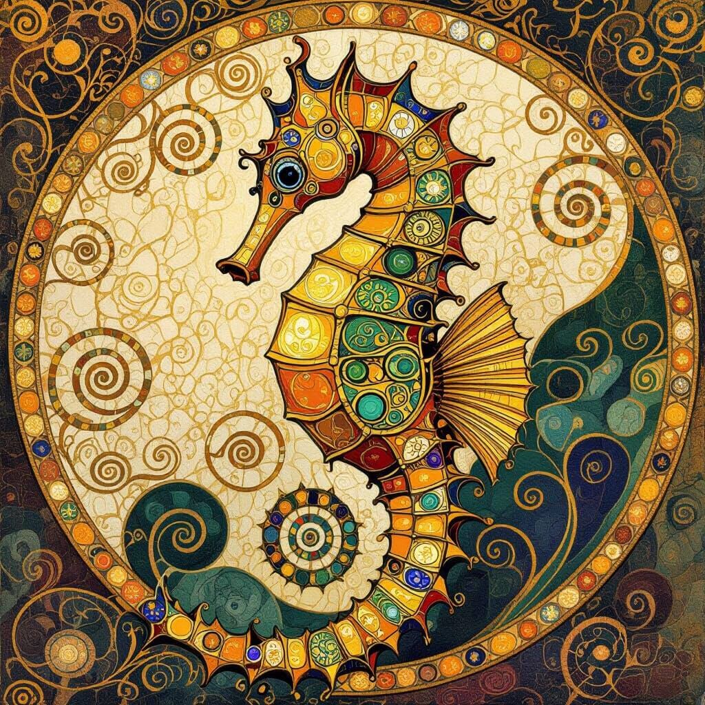Opulent Seahorse in Klimt's Golden Style