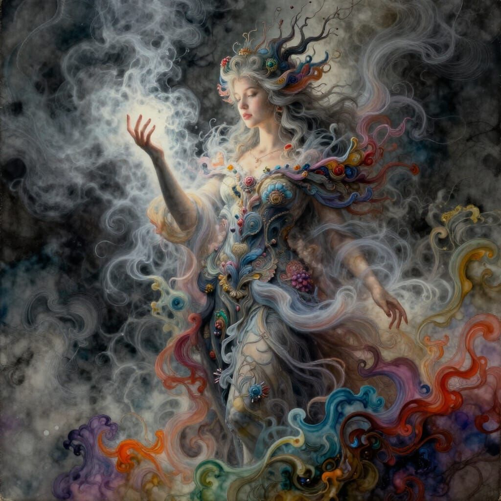 Mystical Being in Ethereal Mist and Ink Flows