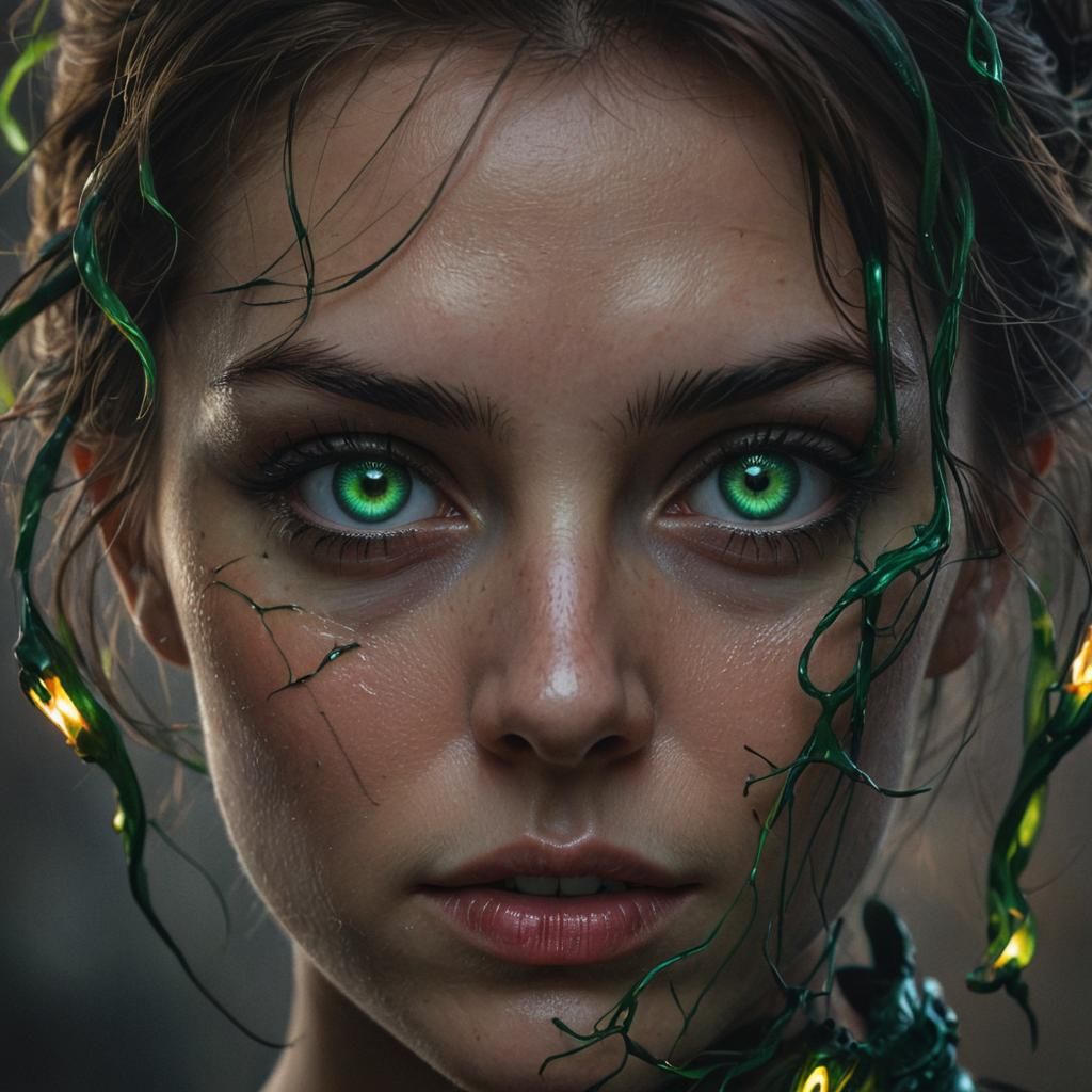 Eerie Surrealism: Woman with Piercing Emerald Eyes