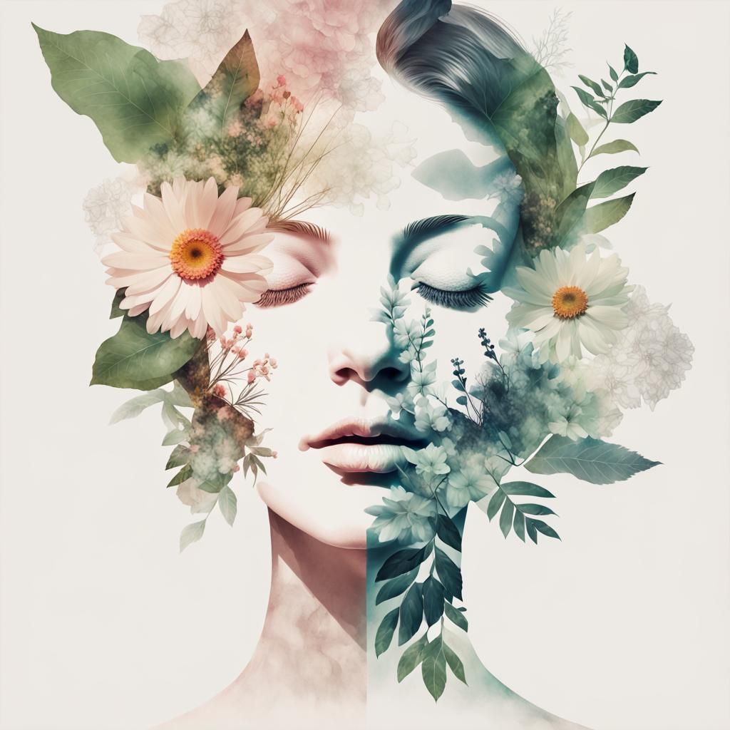 Botanical Double Exposure Portrait in Collage Art Style