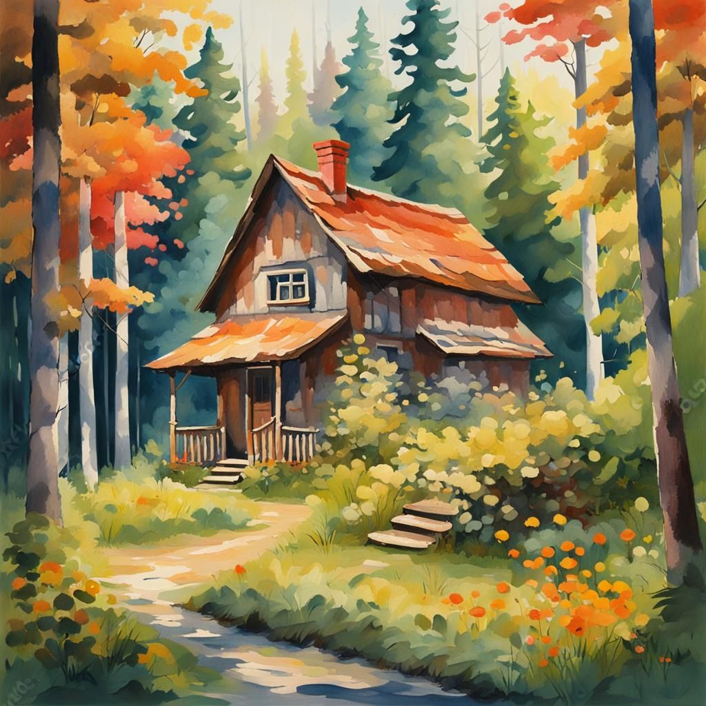 Forest Cottage in Gouache Watercolor Style