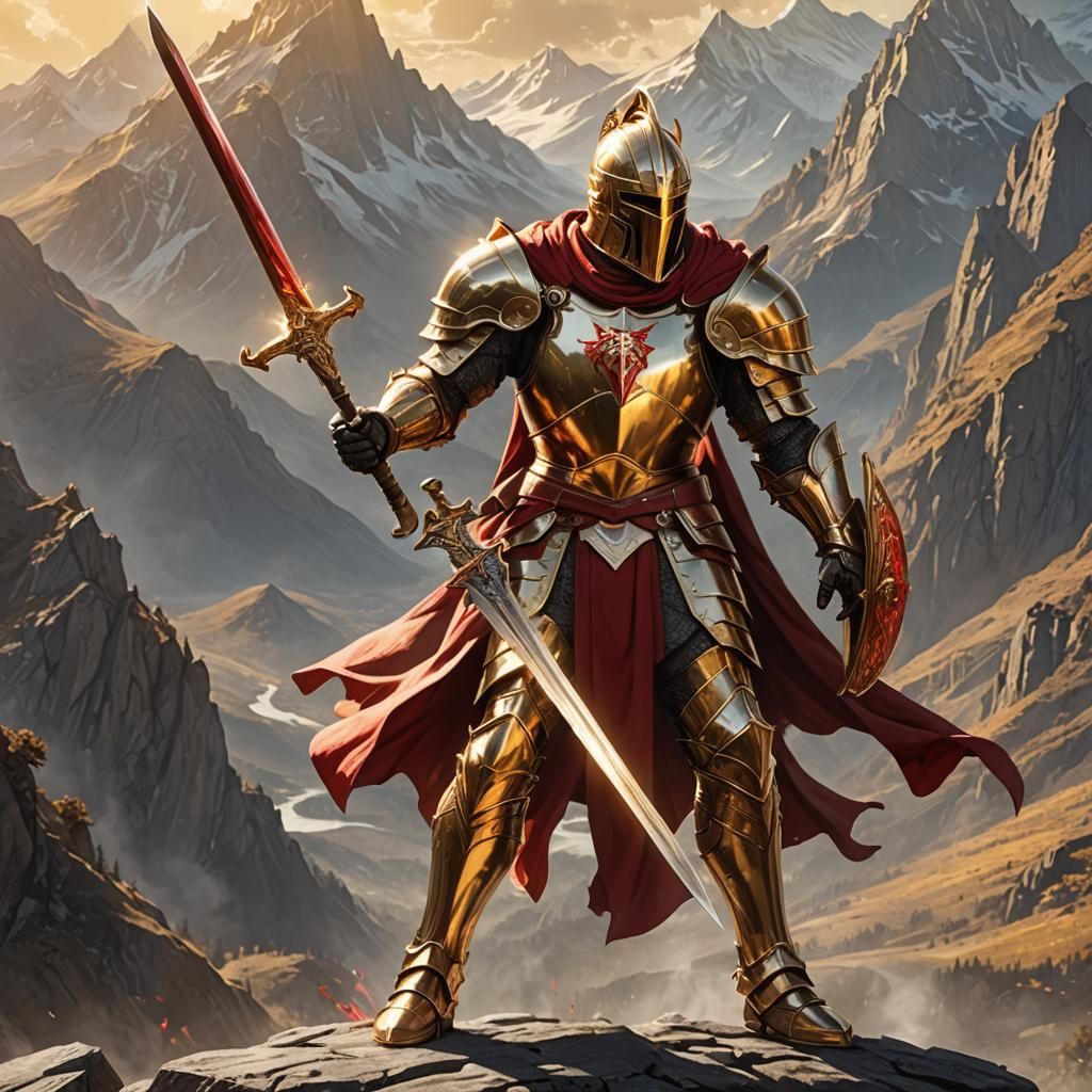 Golden Knight with Two-Sided Sword in Fantasy Landscape