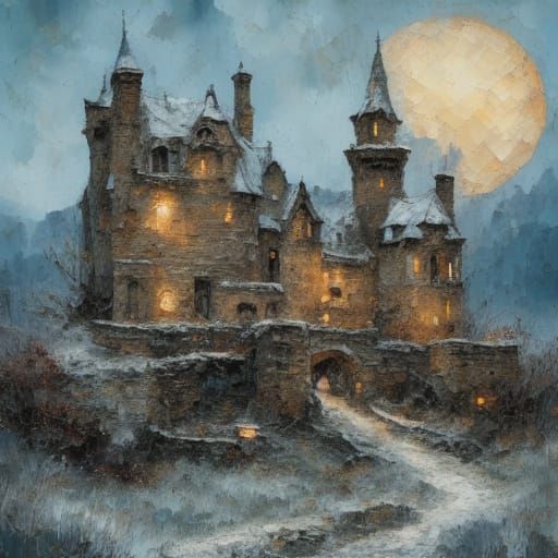 Ancient Fortress in Snowy Mountains: Golden Hour Glow