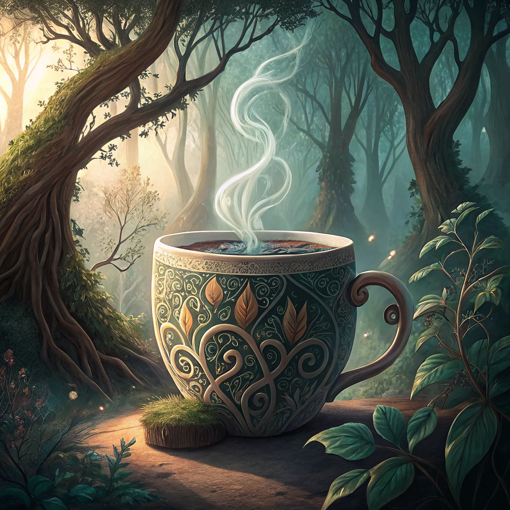 Mystical Coffee Cup in Emerald Forest, Fantasy Art