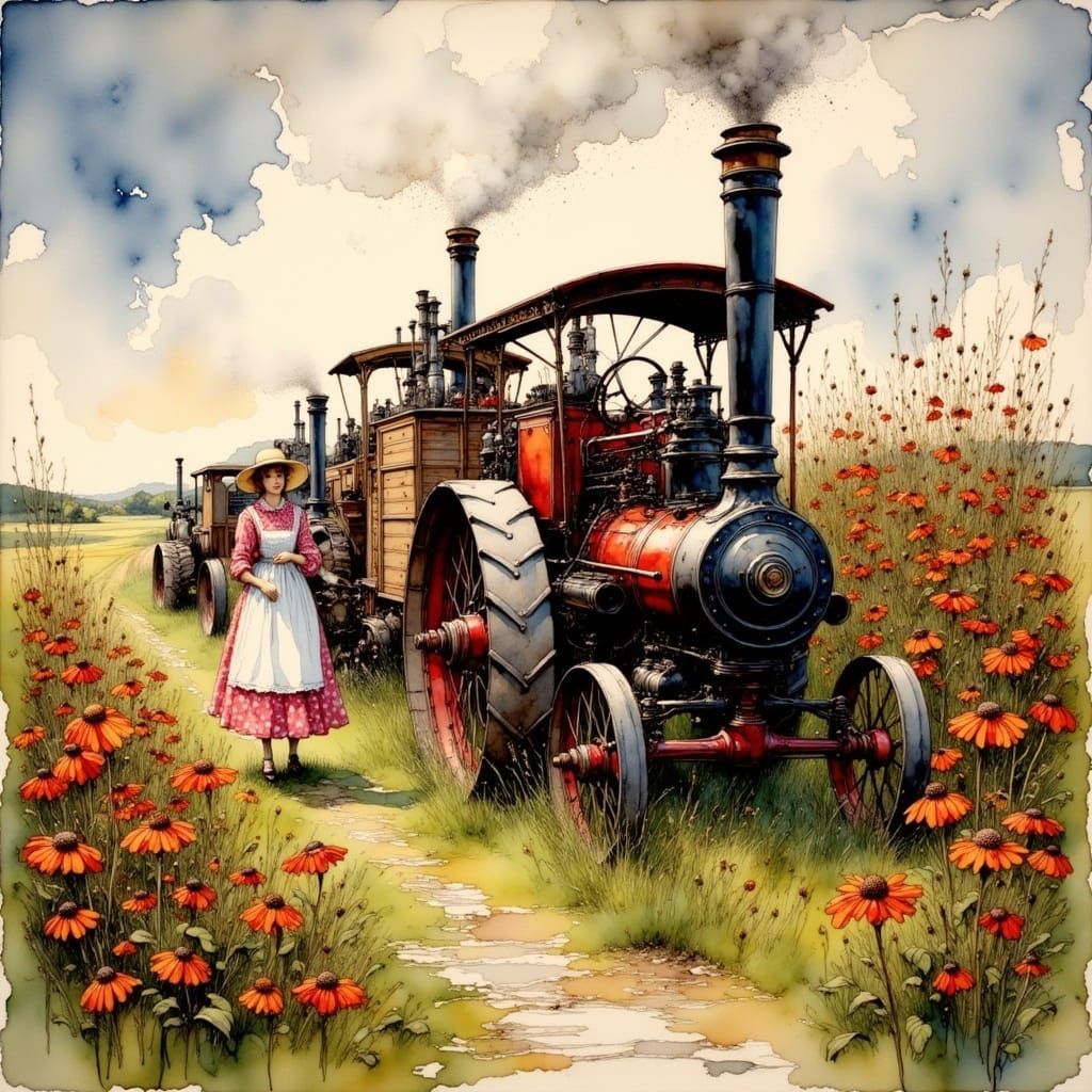Vintage Steam Engine and Garden in Folk-Art Style
