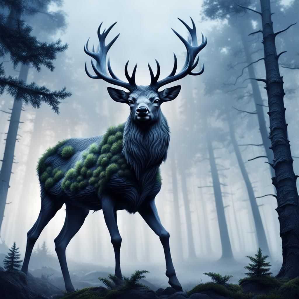 Ethereal Cloud Deer in Foggy Forest