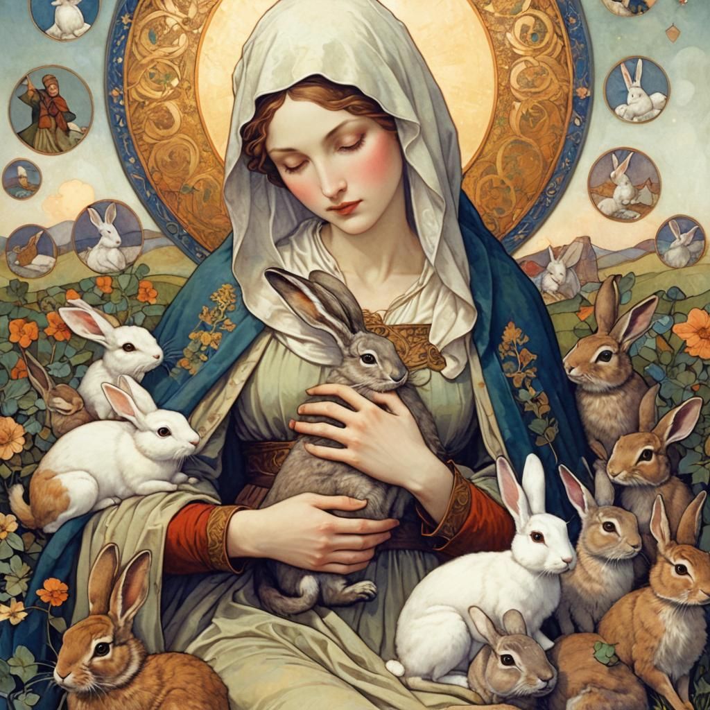 Medieval Irish Saint Surrounded by Hares and Rabbits in a Ha...