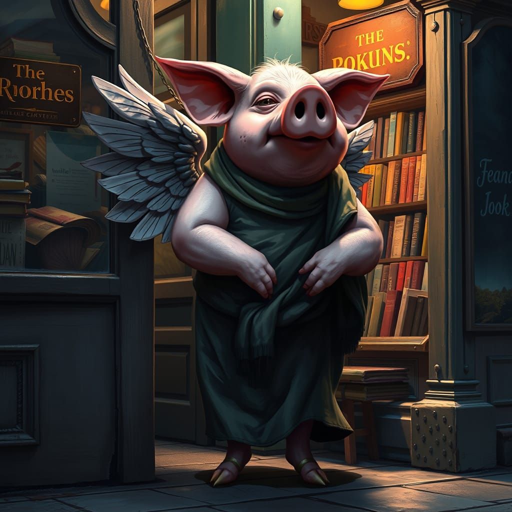 Anthropomorphic Pig Awaits at Bookshop in Hyperrealism