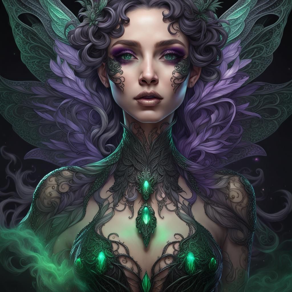 Crystal Fairy Portrait with Filigree Wings and Flames