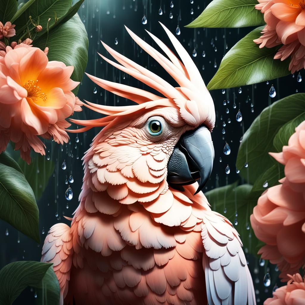 Peach Cockatoo in Tropical Splendor: Detailed Matte Painting