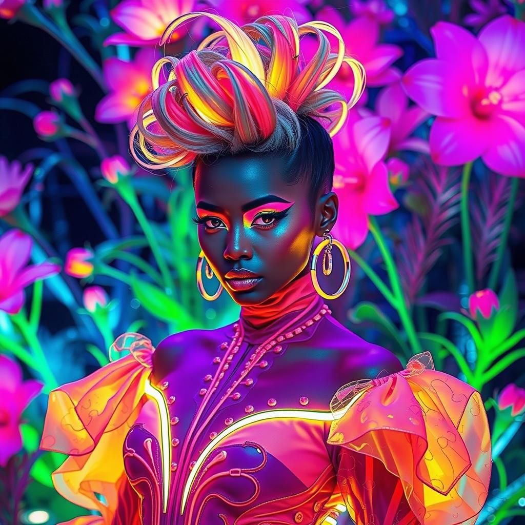 Avant-Garde Model in Fluorescent Cyberpunk Fashion