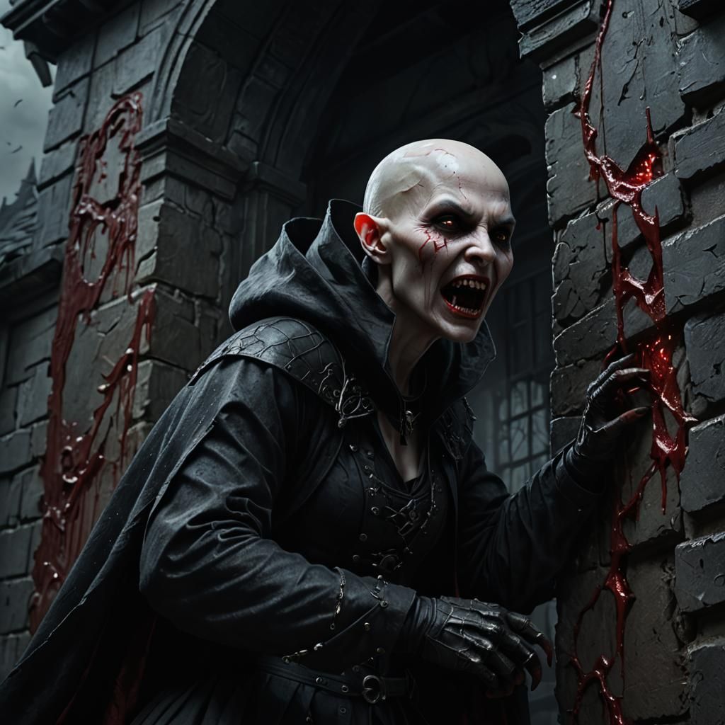 Ugly Bald Vampire Climbing Haunted House Wall in 3D