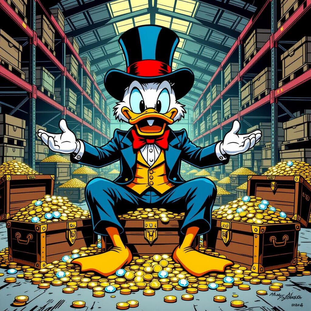 Scrooge McDuck Surrounded by Treasure, Comic Book Style