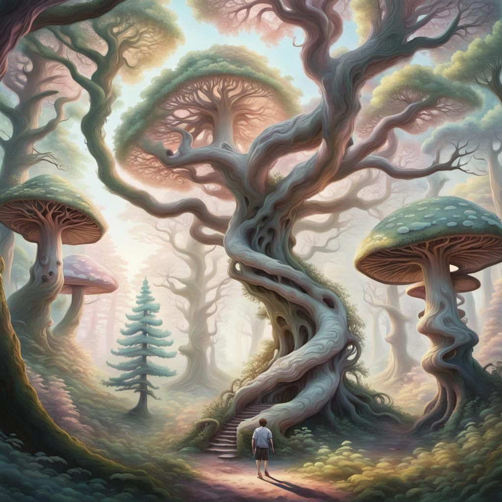 Pastel Forest: Lonely Traveler at Summer Dawn