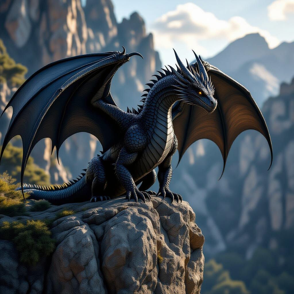Realistic Black Dragon on Cliff, Cinematic Lighting