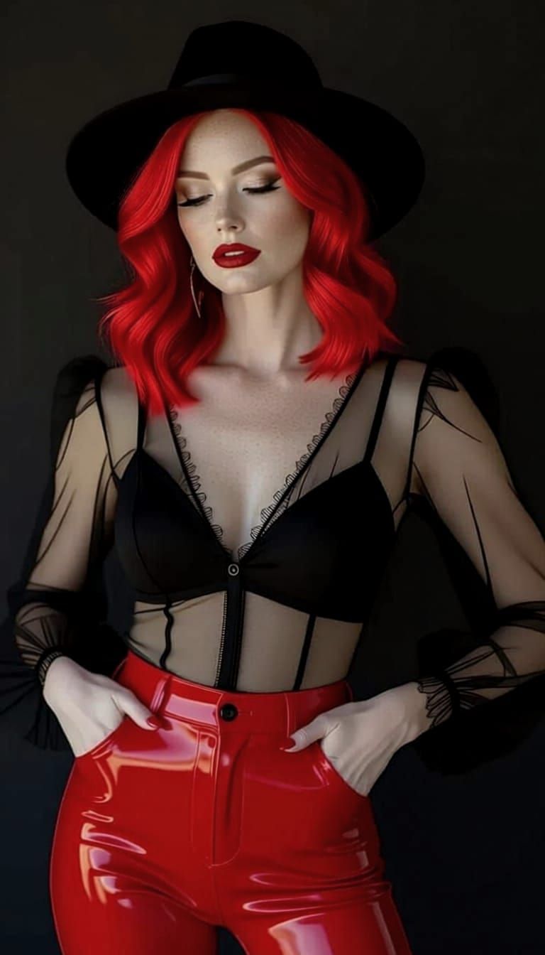 Redhead in Black Fedora and Latex Pants