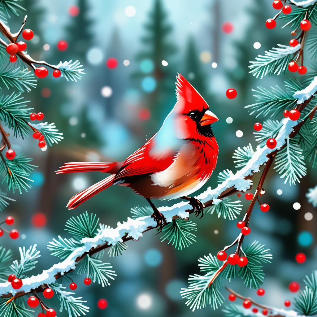 Cartoon Christmas Card with Cardinal Bird and Snowflakes