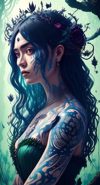 Surreal Woman Sarah with Dreamlike Hair and Tattoo Art