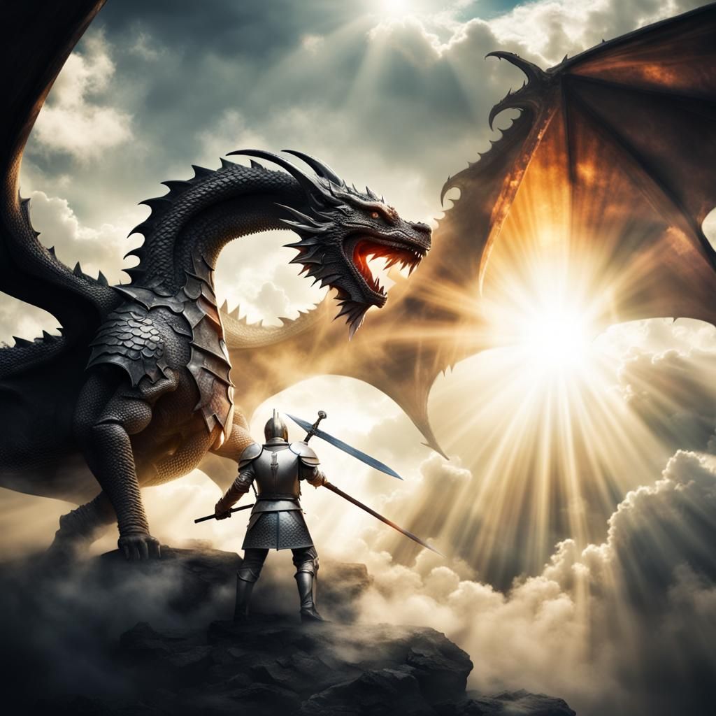 Knight Fighting Dragon in Divine Light
