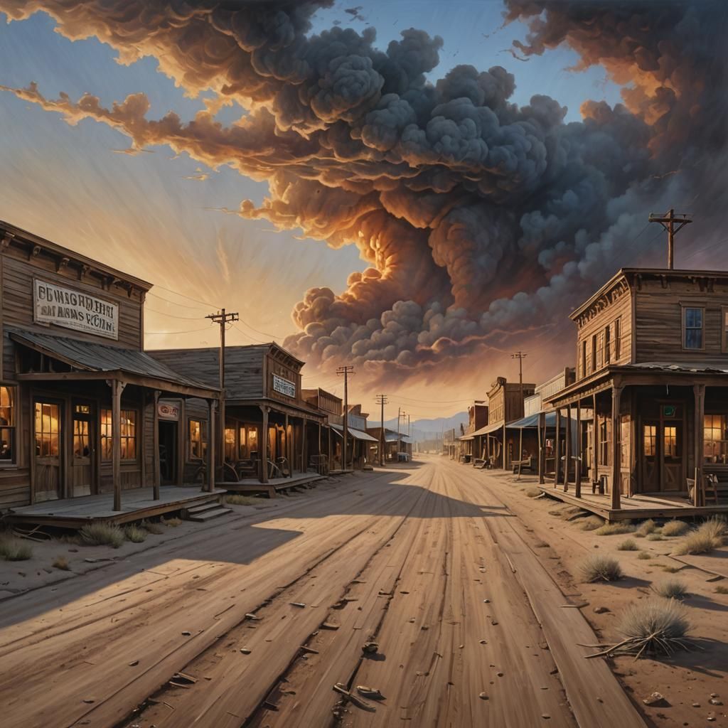 Old Western Town at Dusk: Hyper-Realistic Oil Painting