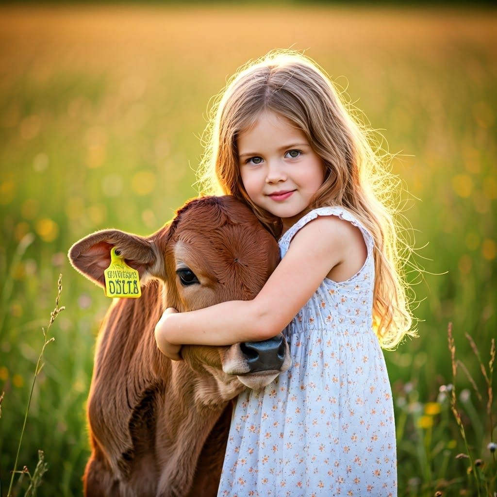 Girl Embracing Calf in Lush Meadow