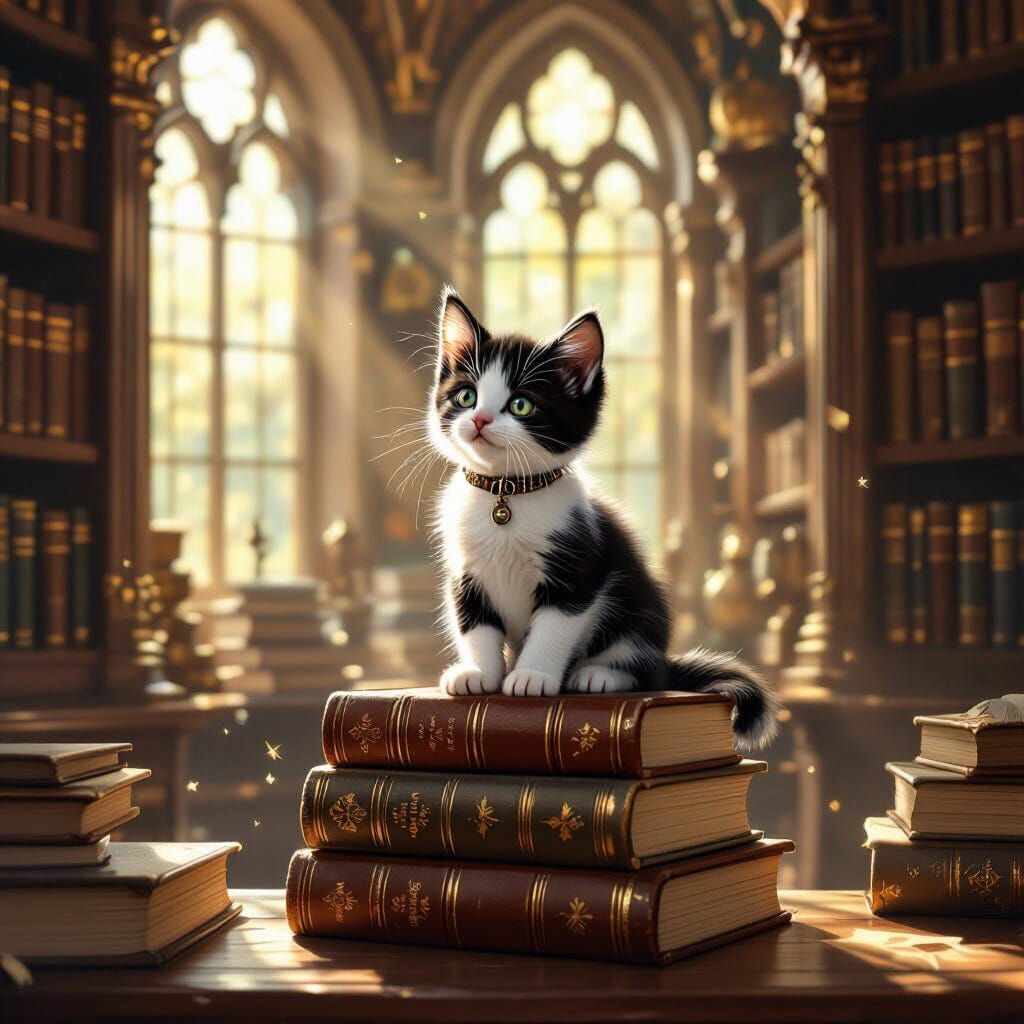 Heterochromatic Kitten in Sunlit Library, Classic Style