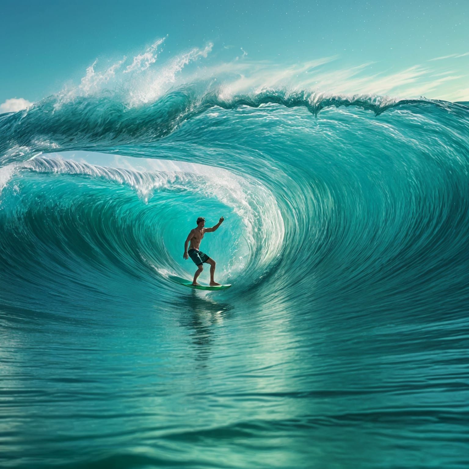 Surreal Northern Lights Wave with Surfer