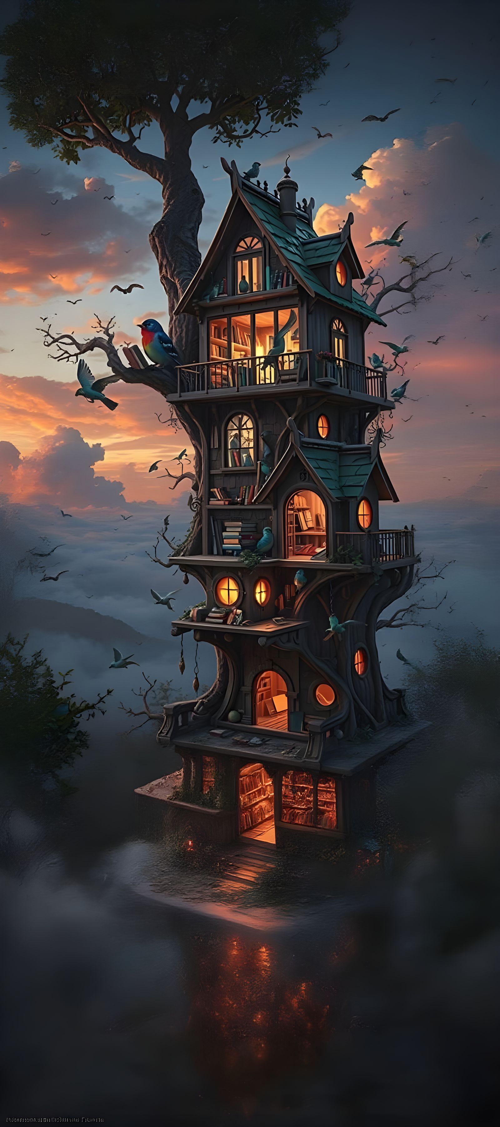 Colorful Birds in an Iridescent Birdhouse Library