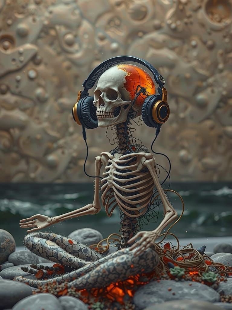A skeleton meditating wearing headphones, behind glass encas...