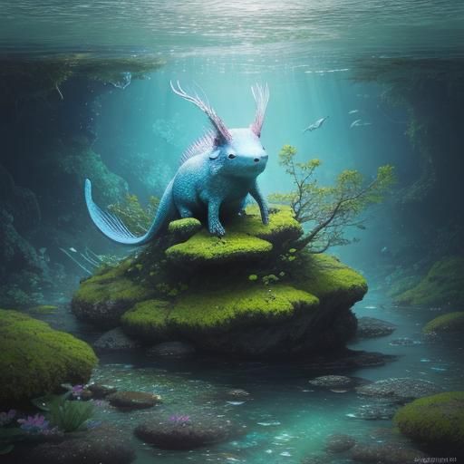 Axolotl on Moss Rock: Vibrant Digital Concept Art