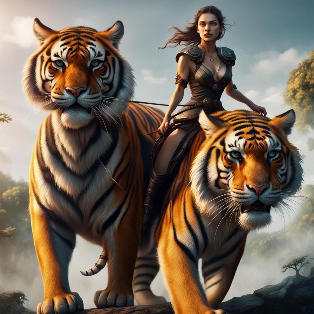 Woman Rides Tiger in Detailed Fantasy Art