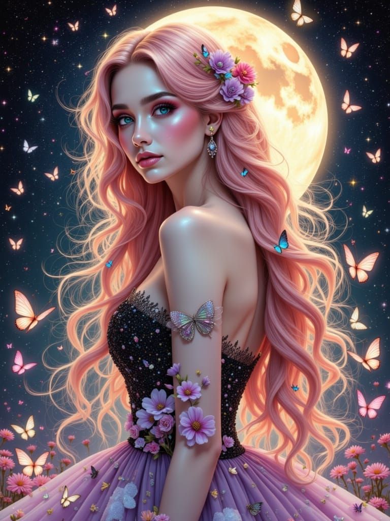 Ethereal Woman in Dreamy Cosmic Night Sky