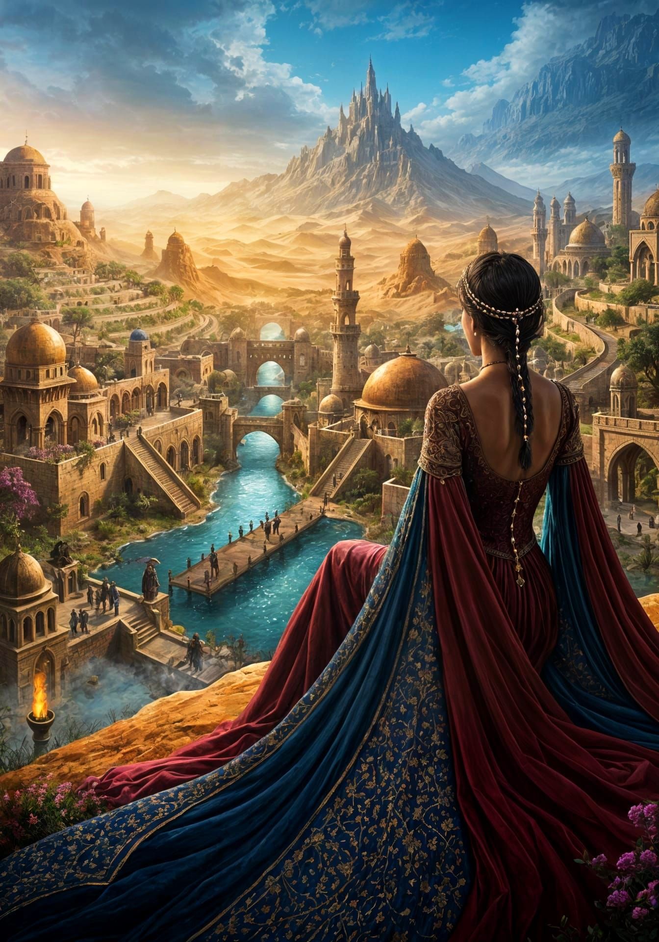 Gothic Queen Overlooks Arabian Cityscape, Digital Impasto Pa...